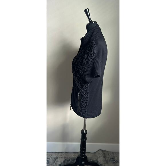 TORY BURCH Women's Cut Black Soaring Macrame Short Sleeve Zipper Sweater Size L - Picture 6 of 9